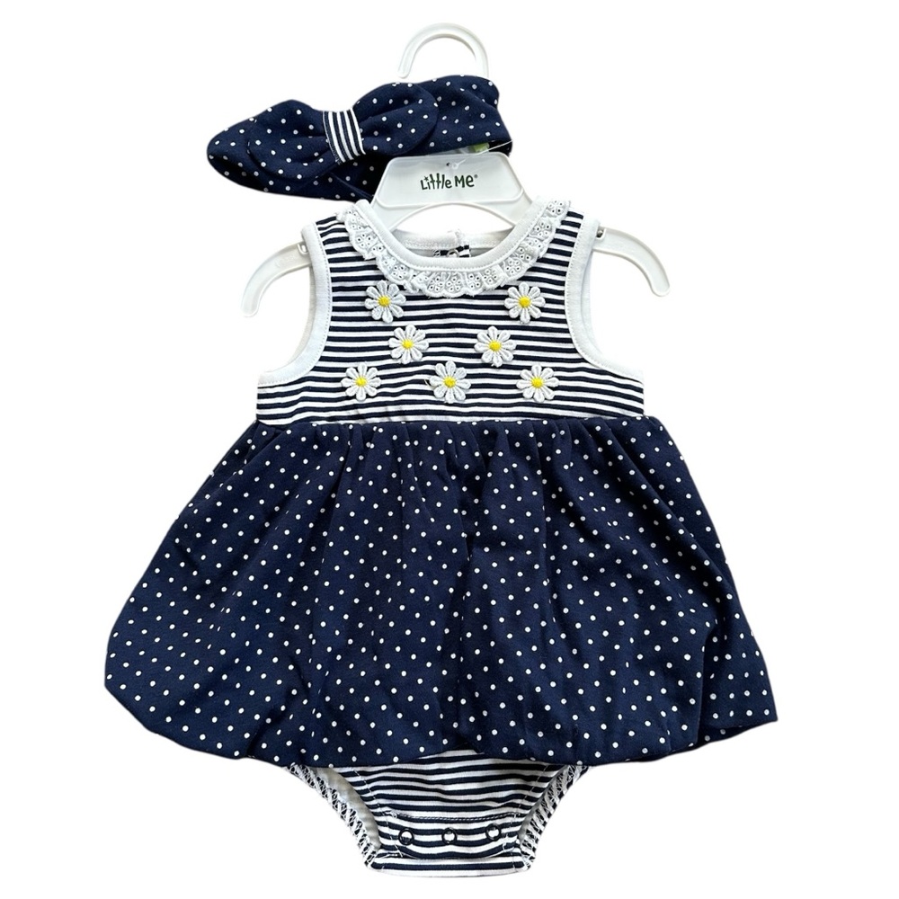 Little Me Navy Polka Dot Baby Girl Dress with Headband Bow 2-Pc. Daisies Stripe